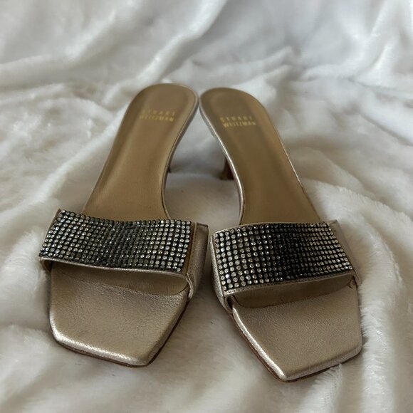 Stuart Weitzman Kitten Heel Slides Womens 6.5 Silver Rhinestones Italy VTG - Picture 2 of 9